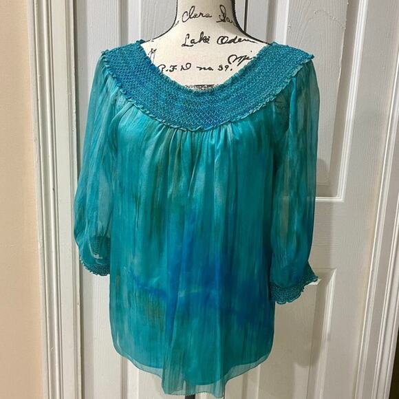 ALICE+OLIVIA BLOUSE OVERSIZED TEAL TIE DYE OFF SHOULDER BOHO CHIC HIPPIE Sz XS - Picture 5 of 13